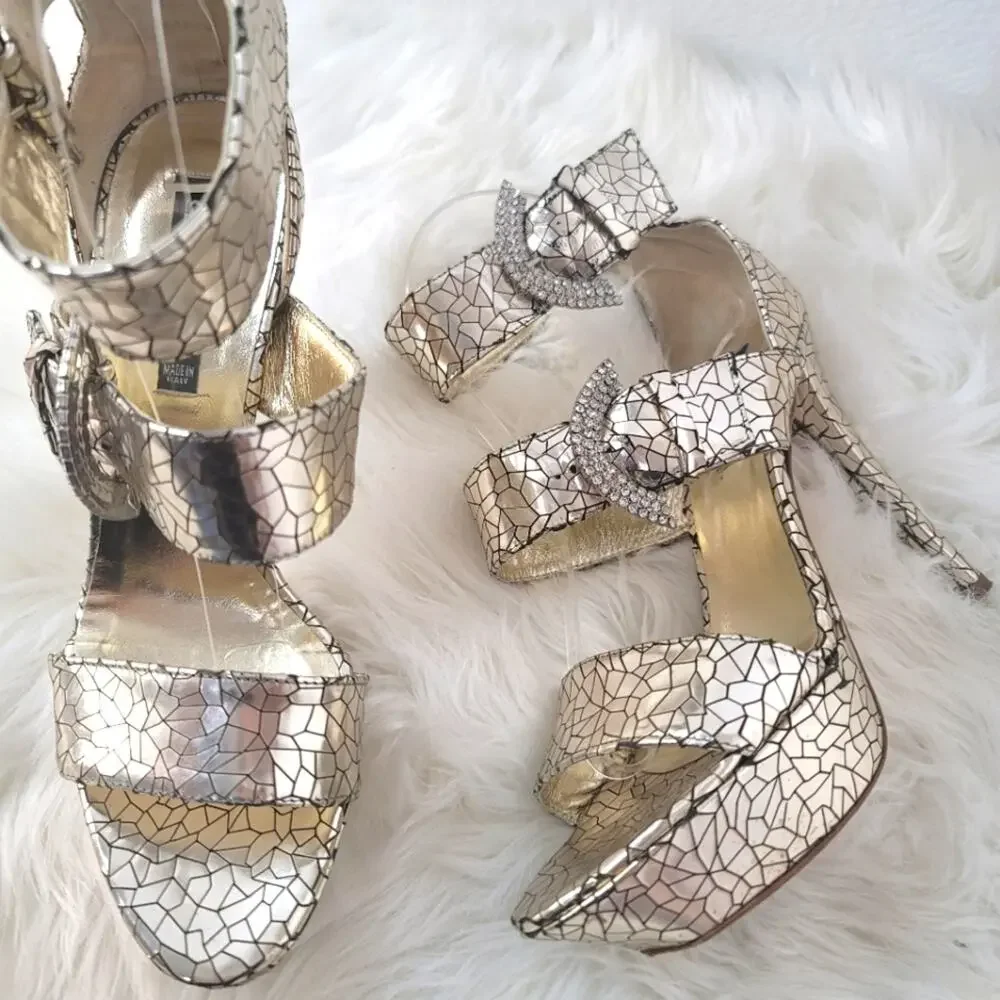 CLAUDIA CIUTI Silver Italian Mirror Mosaic Platform Heels Rhinestone Buckle Glam